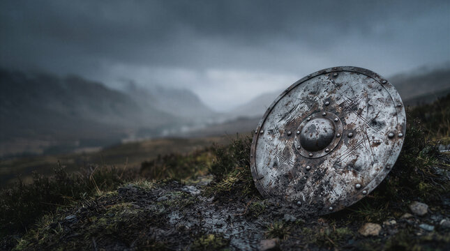 A weathered, battleworn metal shield resting on a muddy, grassy hillside under a dramatic, stormy, and overcast mountain sky