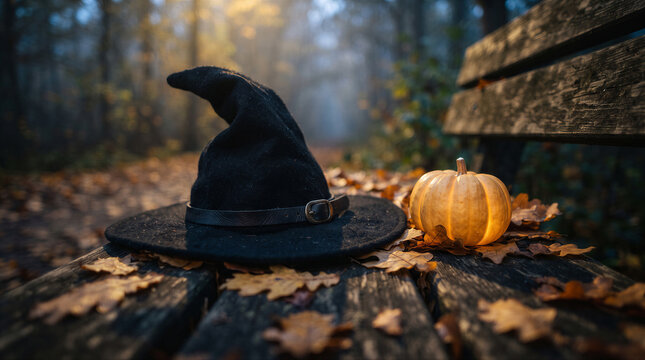 Witch hat and glowing pumpkin on a wooden bench in an autumn forest