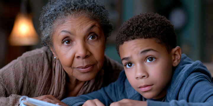 Grandmother and young grandson watching something together at home, emotional family portrait expressing bonding, care, curiosity and intergenerational connection