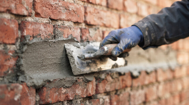 Closeup of a construction workers hand in a blue glove using a metal trowel to apply mortar or plaster to a red brick wall