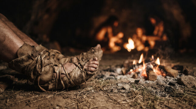Closeup of primitive leather footwear worn by a person sitting by a campfire in a cave, representing ancient human lifestyle