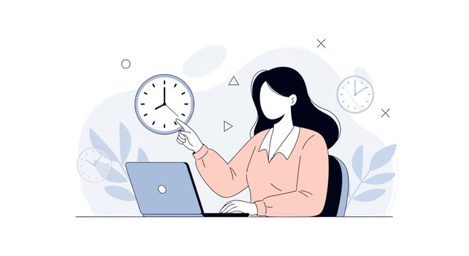 Woman pointing at clock near laptop, symbolizing time management, deadlines, and productivity in modern work.