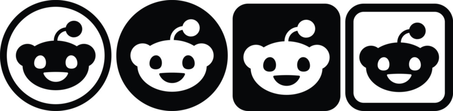 Reddit alien mascot icon set with different emotional expressions in black and white