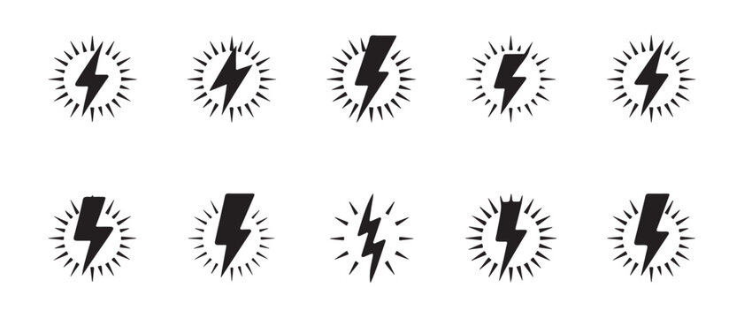 Set of lightning bolt icons within circles, featuring radiating lines, symbolizing electricity, power, and impact on a white background.