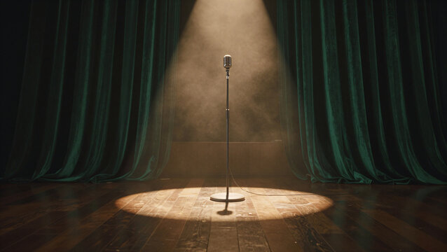 Retro microphone on wooden stage with green curtains