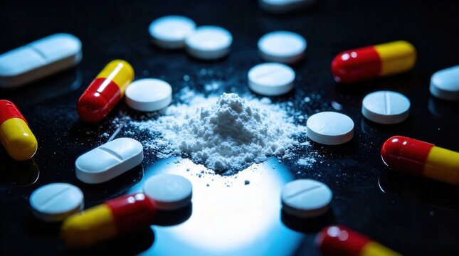 Illegal narcotics and pharmaceutical pills on dark background, white powder pile with red and yellow drug capsules, addiction and substance abuse concept