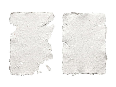 Two pieces of torn white paper with rough edges isolated on transparent background for collage