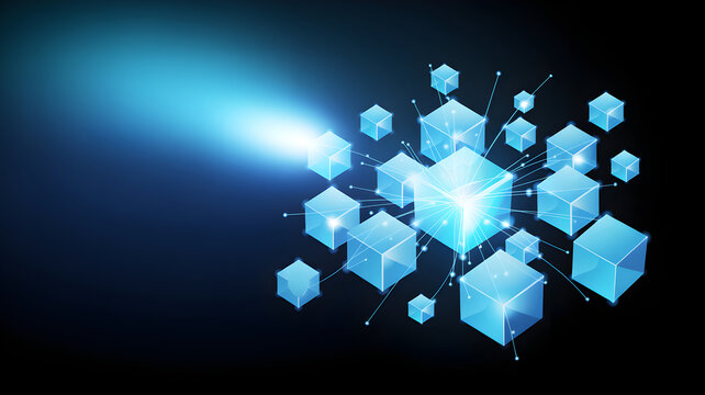 Abstract digital representation of blockchain technology with interconnected glowing blue cubes on a dark background