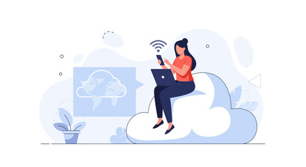 Obraz premium Woman using laptop and phone while sitting on a cloud, concept of cloud computing and global connectivity