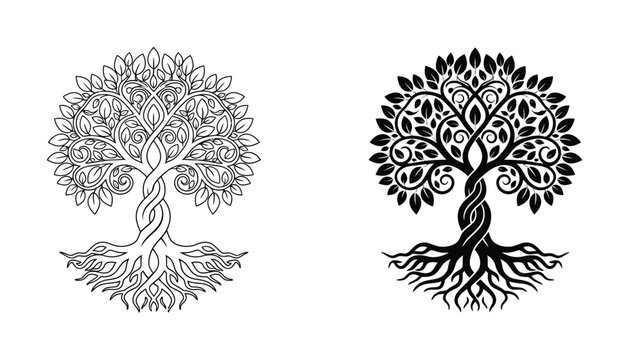 Detailed black and white tree of life illustration