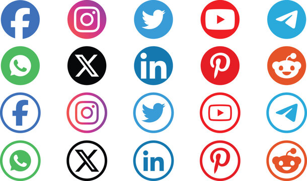 Set of colorful social media and messaging app icons with outline borders