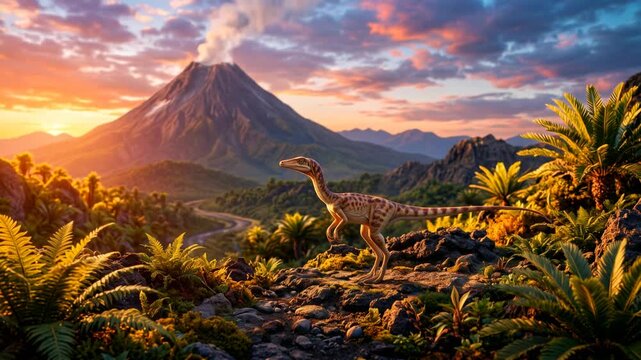 compsognathus dinosaur in jurassic landscape germany golden light beautiful video