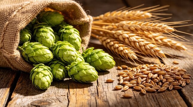Fresh green hops in burlap sack with golden wheat ears, rustic brewery ingredients on wooden table, malt grains for craft beer production