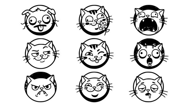 Chunky Funny Cat Head Avatar Vector Set Playful Kitten Expression Badge Icons Cartoon Pet Sticker Collection