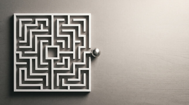 Minimalist Maze with Metal Sphere and Copy Space for Business Concept
