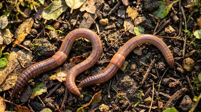 two earthworms in european garden soil close up at morning light video
