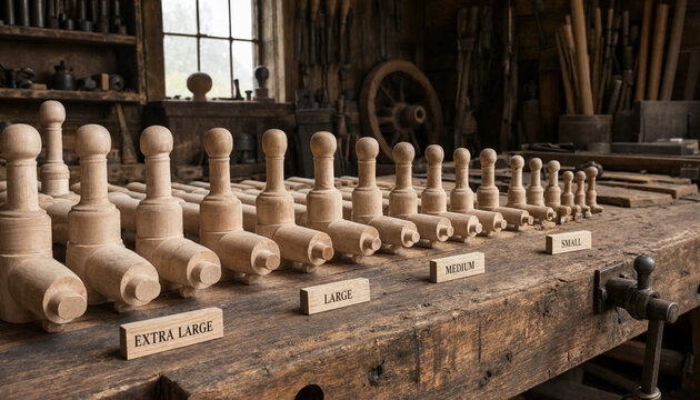 A wooden workbench in a workshop featuring rows of unfinished wooden furniture legs of varying sizes, labeled with small wooden tags for sorting