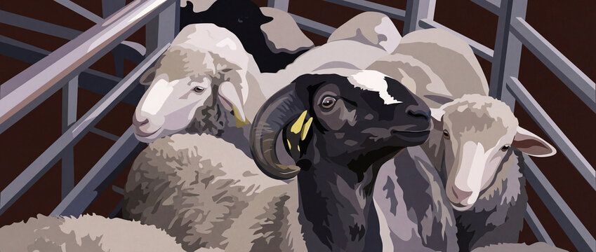 A young goat among sheep. Illustration
