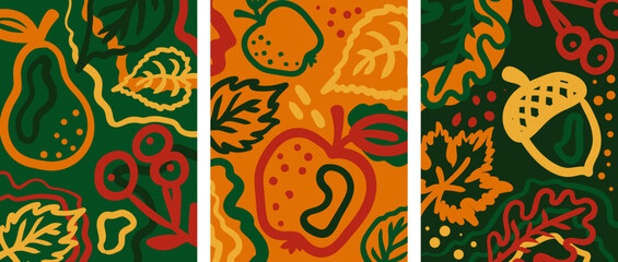 autumn leaves apples and acorn posters set hand drawn fall vector botanical illustrations for greeting card print web design © pani_Nadichka
