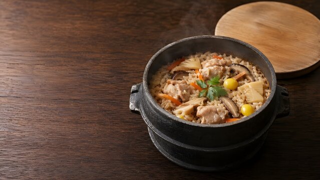 japanese gomoku kamameshi with chicken and seasonal vegetables