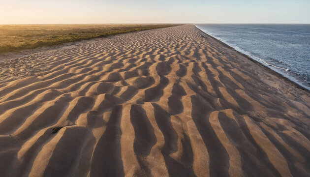 A wide sandy beach with rhythmic wind-blown ripple patterns at sunset with the ocean waves gently lapping against the shore in the distance