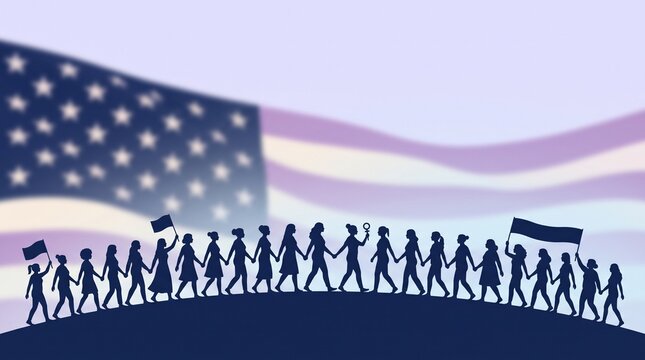 Silhouettes of women marching together holding hands and flags against a blurred background of the American flag and feminist flag symbolizing unity and equality and the fight for rights