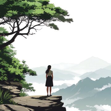 Man standing on cliff overlooking misty mountain valley.