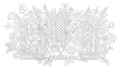 Fototapeta premium Intricate coloring page featuring gothic window arches surrounded by a lush bouquet of roses, lilies, and leafy garden plants.