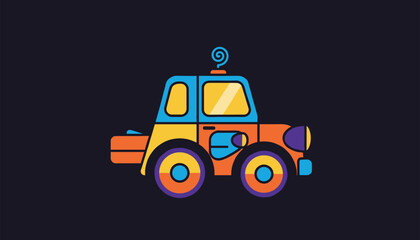 Fototapeta premium Bright colorful cartoon toy tractor with high-contrast geometric blocks on a solid dark navy blue background.
