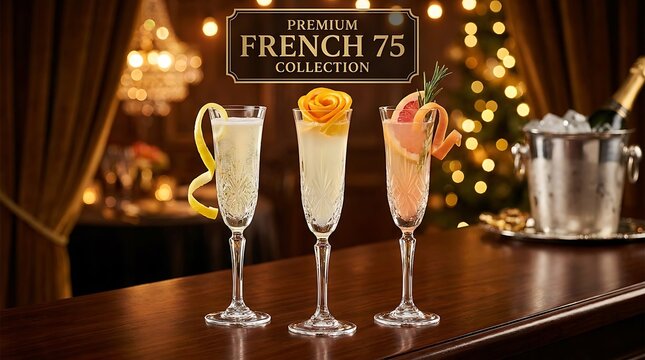 Premium collection of three different French 75 cocktails with citrus garnishes on a bar top