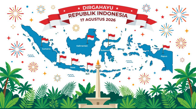 Indonesia Independence Day celebration vector, Dirgahayu Republik Indonesia 17 Agustus 2024 banner, Indonesian map with flags and fireworks