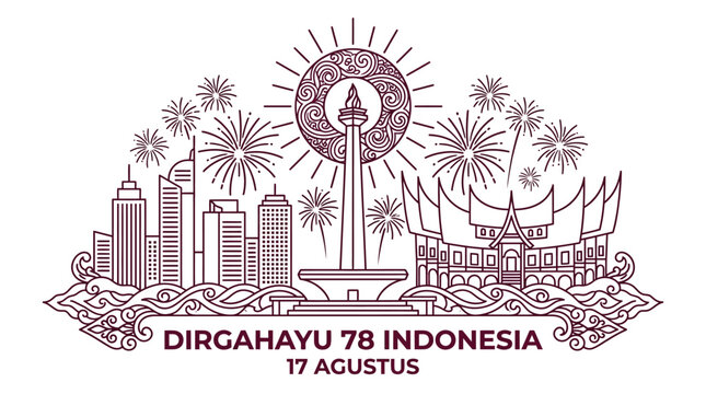 Dirgahayu 78 Indonesia independence day vector, 17 Agustus national celebration with Monas and skyline, traditional batik pattern line art