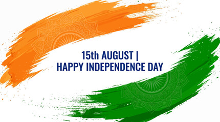 Indian Independence Day banner with tricolor brush strokes, 15th August greeting with saffron and green paint splashes, patriotic vector background © Seli