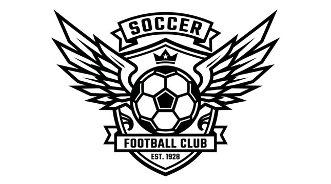 Vintage soccer football club crest with wings and shield, black and white sports team emblem vector, athletic league logo with ball and crown
