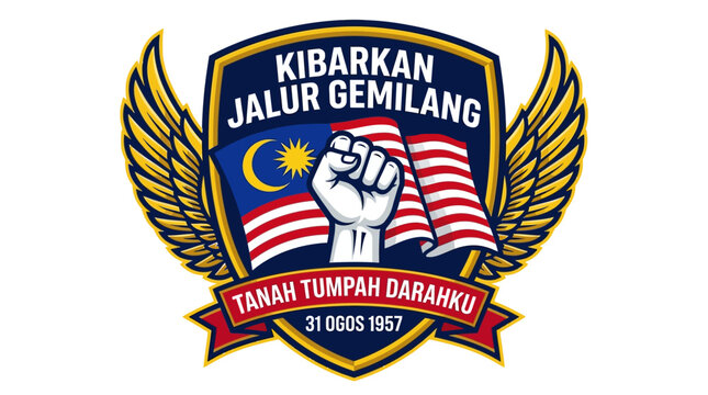 Malaysia Independence Day emblem with Jalur Gemilang flag, patriotic shield with raised fist and golden wings, Merdeka celebration vector