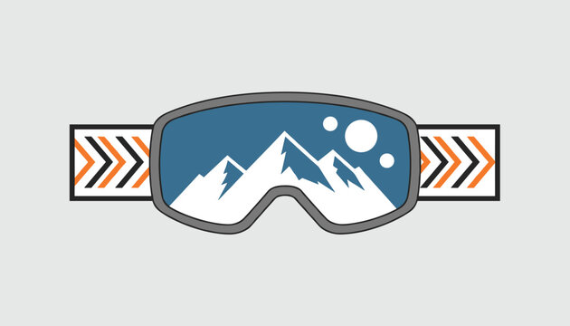 Sleek ski goggles illustration displaying a sharp reflection of snowy mountain peaks and a bright white sun.