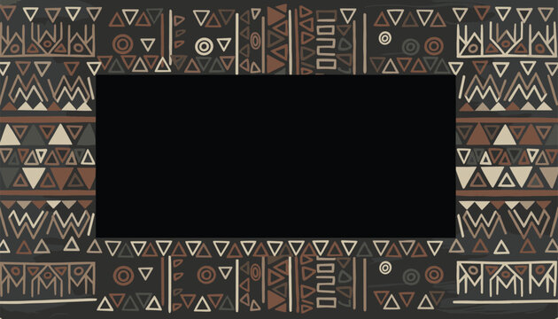 Decorative frame border featuring rustic hand drawn African tribal geometric patterns on a dark background.