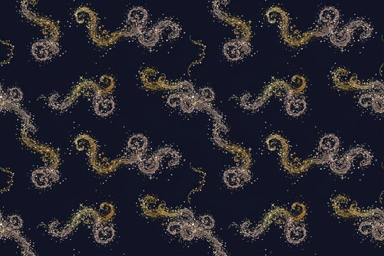 Seamless pattern of swirling gold glitter dust trails and sparkling particles on a dark navy blue background, for festive holiday