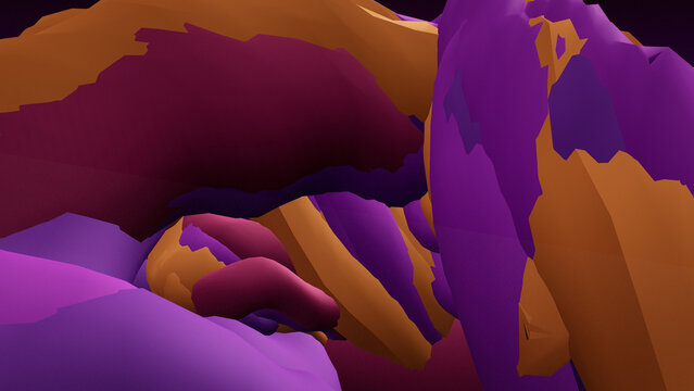 Abstract 3D landscape with purple and orange rock formations, surreal canyon terrain background, vibrant geometric mountain textures