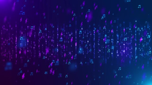 Purple audio symbols motion visual glowing music notes, cyan accents, soft bokeh, and vertical digital light trails. DJ edits, sound channels, streaming promos, lyric videos, and animated overlays.