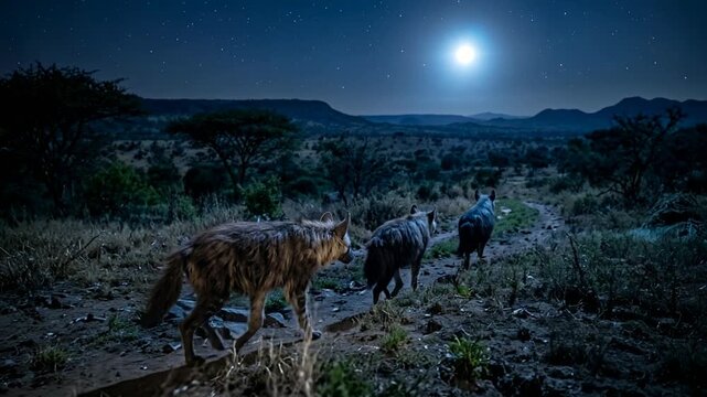 brown hyenas hunting under moonlight blue light southern africa video