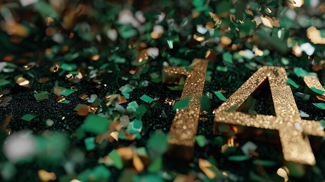 Golden Number 74 Surrounded by Falling Green and Gold Confetti