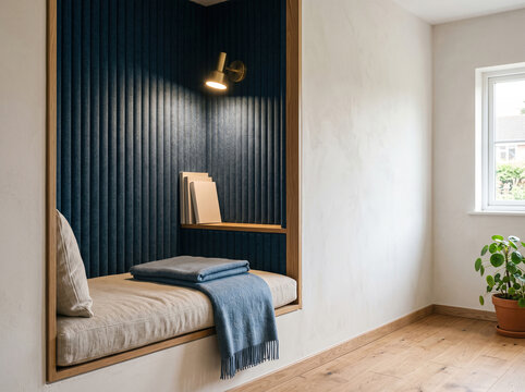 Modern Minimalist Reading Nook with Blue Ribbed Wall Paneling