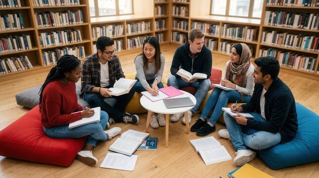 Young adults reading, discussing, and collaborating together in a library.