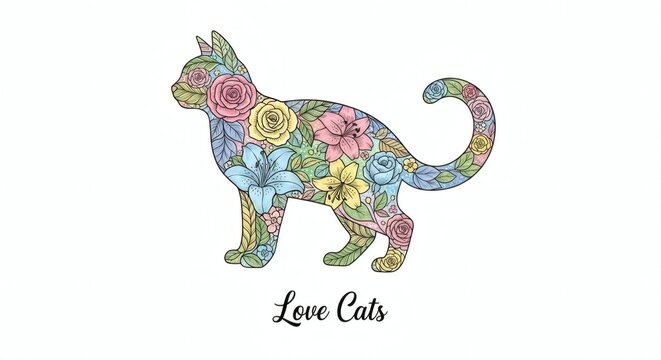 Decorative floral cat illustration featuring colorful botanical patterns celebrating feline beauty, creativity and pet appreciation