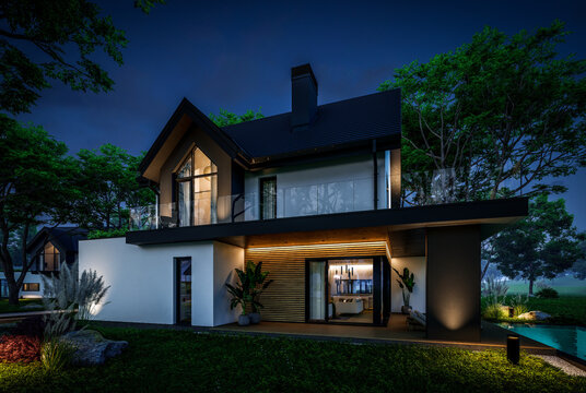 3d rendering of contemporary architectural luxury house exterior at night. Modern Scandinavian style family home, dramatic exterior lighting and garden landscaping at twilight