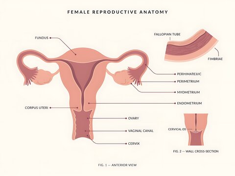 Anatomical Diagram Female Reproductive System Labeled Anterior View Illustration