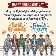 Fototapeta premium Happy friendship day greeting card featuring seven young men sitting in a row, with text overlays saying friends and friends forever, decorated with colorful hearts and balloons on a cream