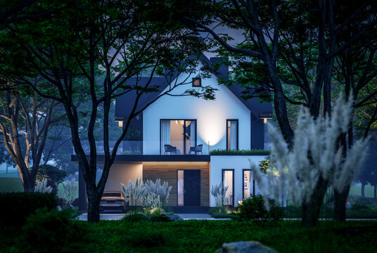 3d rendering of contemporary architectural luxury house exterior at night. Modern Scandinavian style family home, dramatic exterior lighting and garden landscaping at twilight