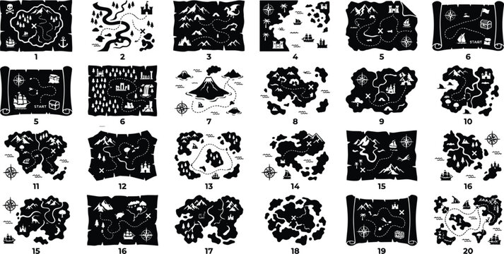 Treasure map silhouette vector icons set with pirate island charts and adventure map scrolls